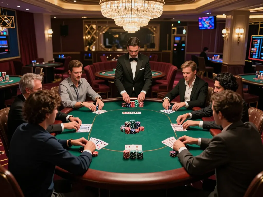 Intense poker game at 78wind with players strategizing and high-stakes bets in a luxurious casino.