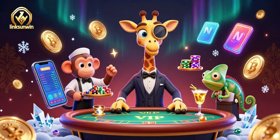 Play and win big at linksunwin with a vibrant 3D casino scene featuring a giraffe, monkey, and chameleon.