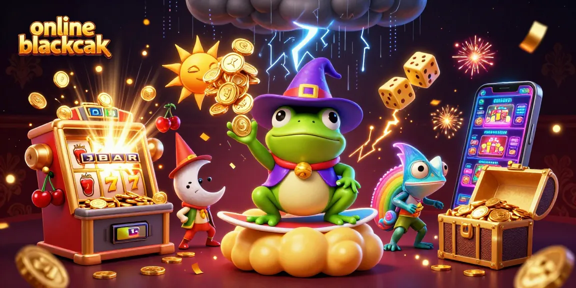 Engage in online blackjack with our vibrant illustration featuring a weather wizard frog creating coin storms.
