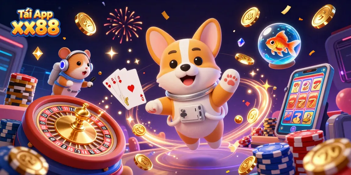 Tải App xx88 to explore a vibrant casino universe with corgi astronauts, coins, and games.