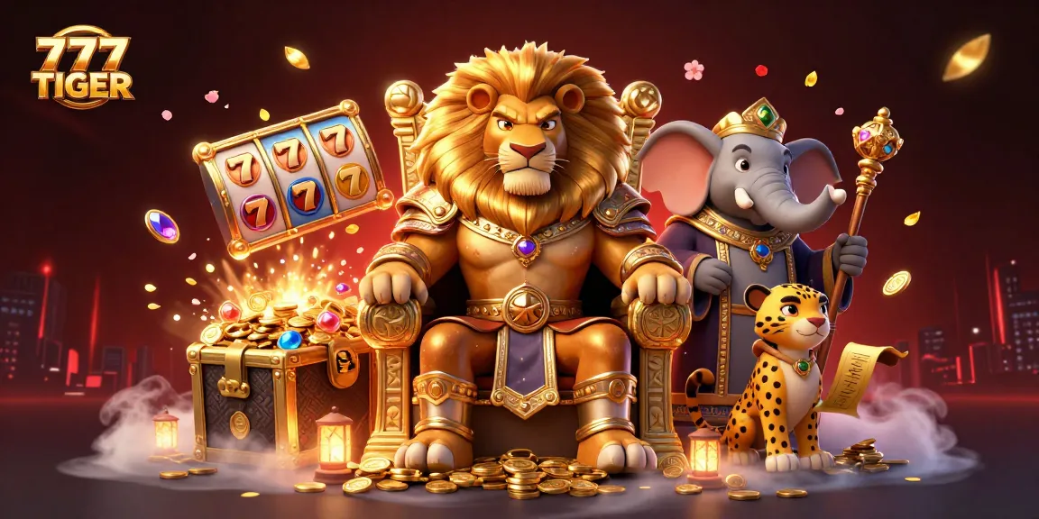 Experience the vibrant world of 777TIGER with lion king and casino elements in this stunning illustration.
