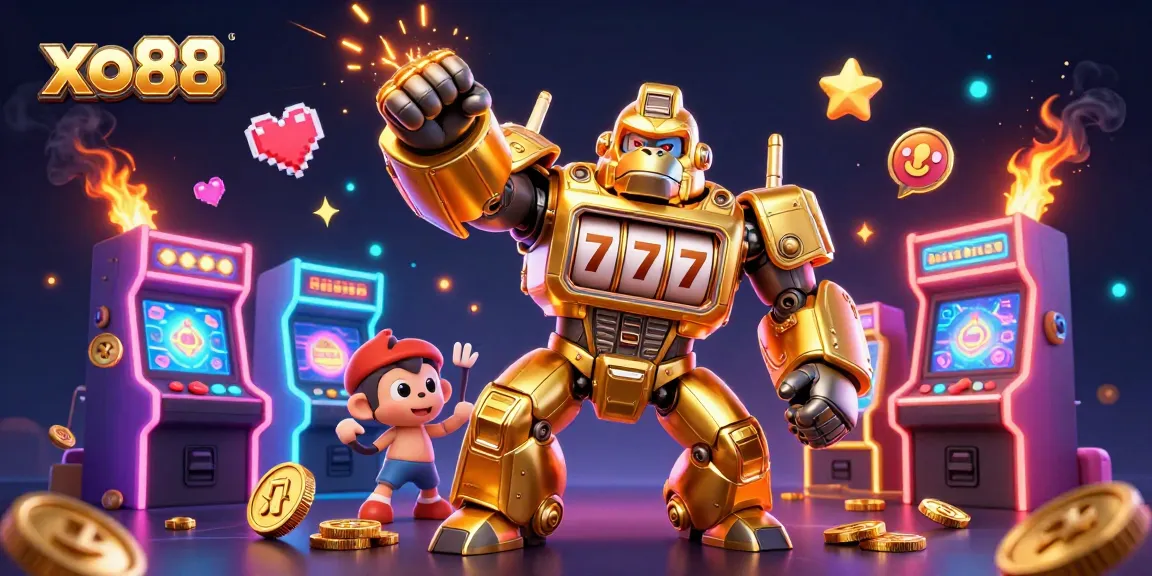 Experience the excitement of xo88 with an epic golden gorilla mech amidst dynamic casino elements!