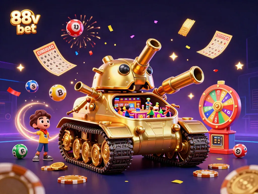 Experience the thrill of 88v bet with a vibrant 3D casino scene featuring a golden beetle tank and lively games.