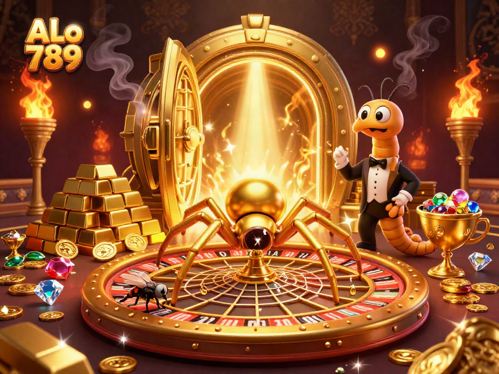 Experience ALo 789's golden web of online betting with a spider and centipede croupier illustration.