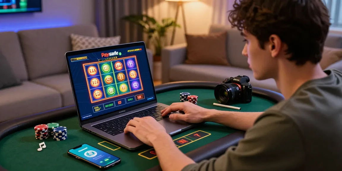 Ein Spieler genießt ein Live-Dealer-Spiel in einem Paysafe-Karten-Casino, umgeben von Chips und einem Smartphone mit der Paysafe-App in einem gemütlichen Wohnzimmer.