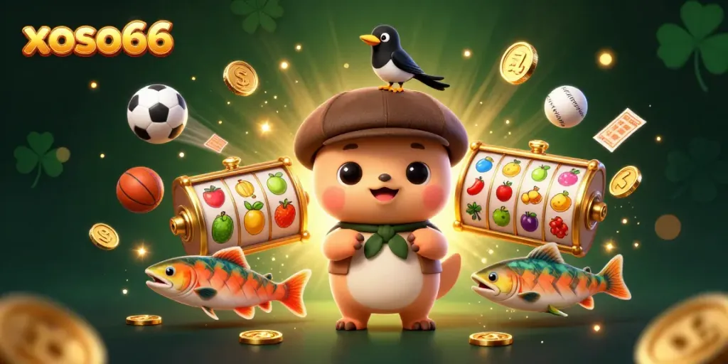 Play and win big with xoso66 in this vibrant 3D scene of cute characters and dynamic gambling elements.