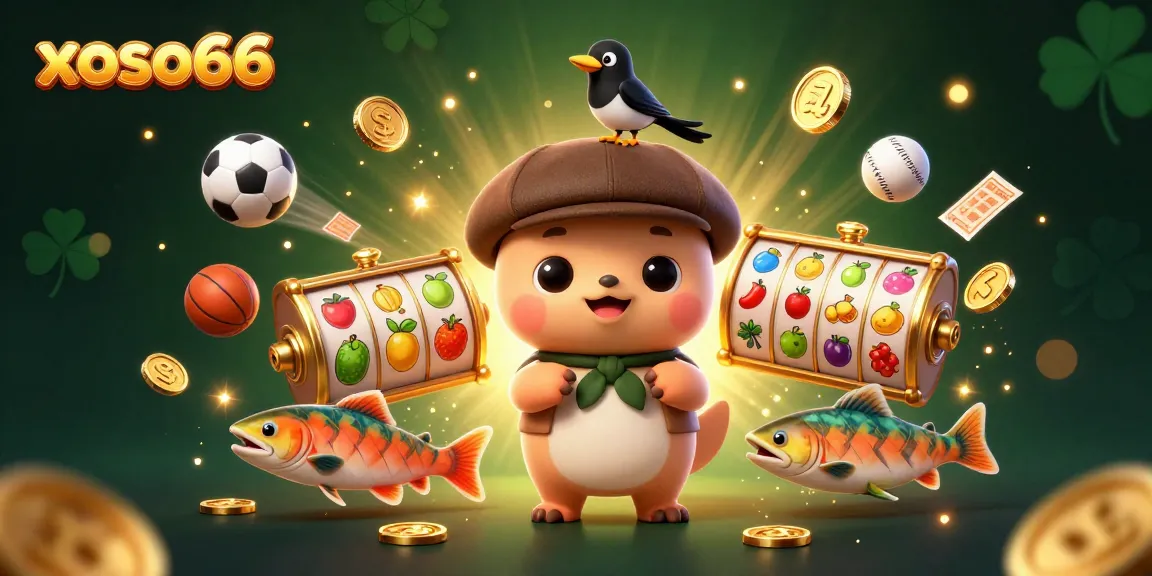 Play and win big with xoso66 in this vibrant 3D scene of cute characters and dynamic gambling elements.