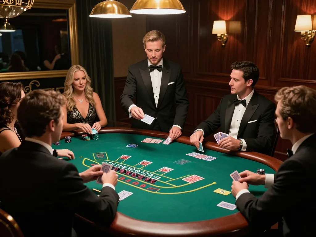 Experience high-stakes action at Vin88's luxurious blackjack table amidst an elegant casino atmosphere.