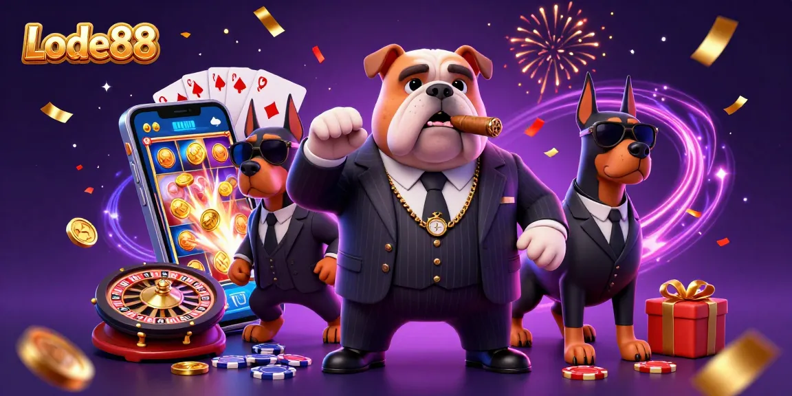 Lode88 slots gaming scene with a mafia bulldog and Doberman bodyguards amid dynamic casino elements.