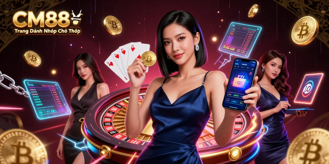 Experience CM88 ⚽️ Trang Đăng Nhập Chính Thức with an Asian woman holding a casino app and a golden chip.