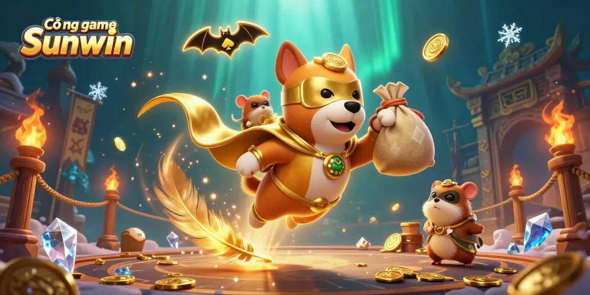 Cổng game Sunwin showcases a dynamic gaming adventure with a superhero dog and sidekick amidst colorful casino elements.