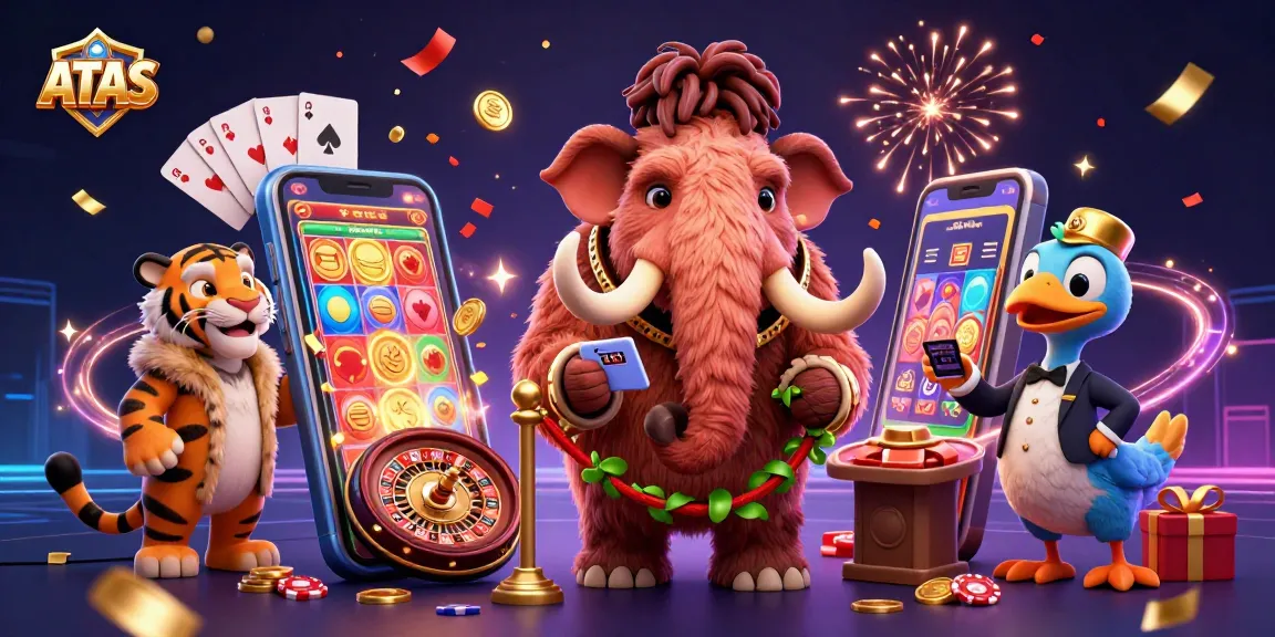Engage with ATAS casino through vibrant slot games and interactive gaming elements in a lively 3D scene.