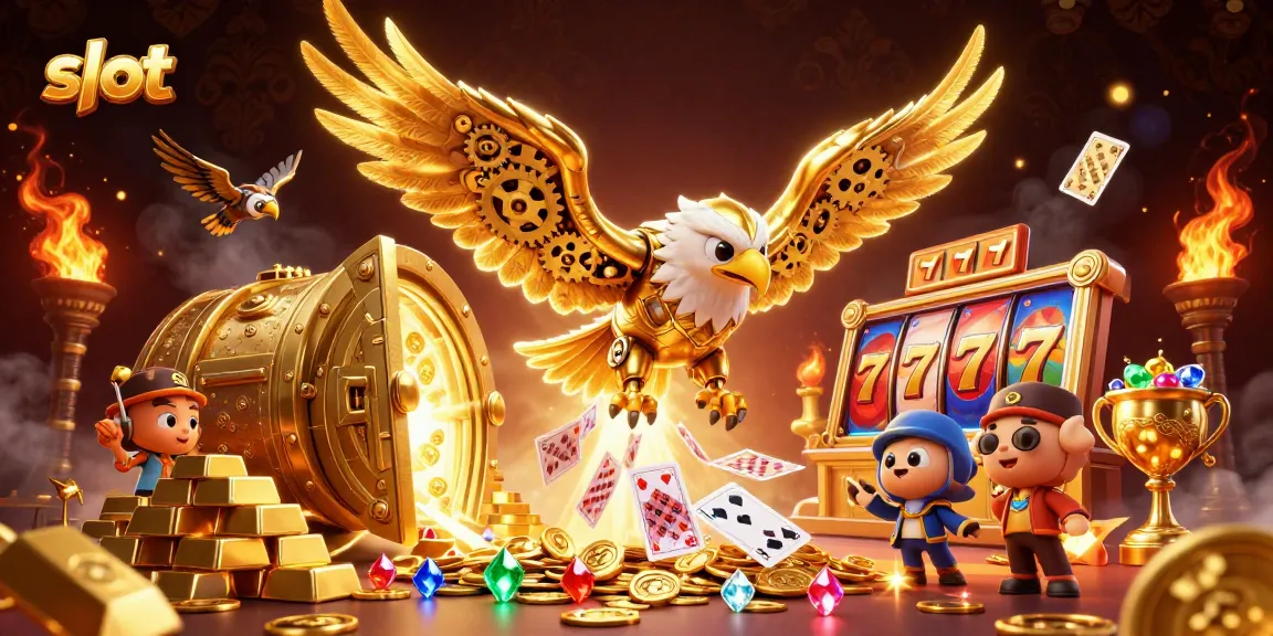 Engage in slot gameplay as a golden eagle dives through holographic cards amidst riches.