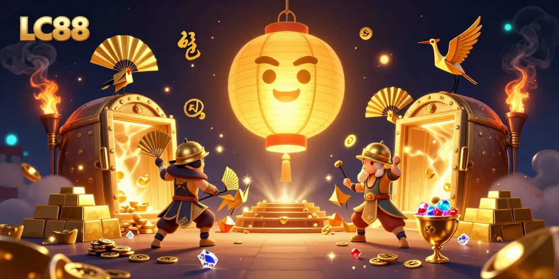 Experience the exciting world of LC88 with a vibrant online casino scene featuring golden treasures and magical spirits.
