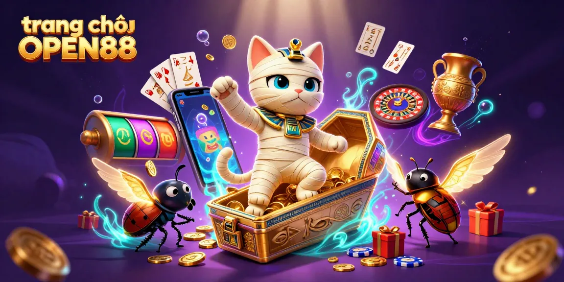 Experience excitement at trang chủ OPEN88 with an engaging scene featuring a mummy cat and casino elements.