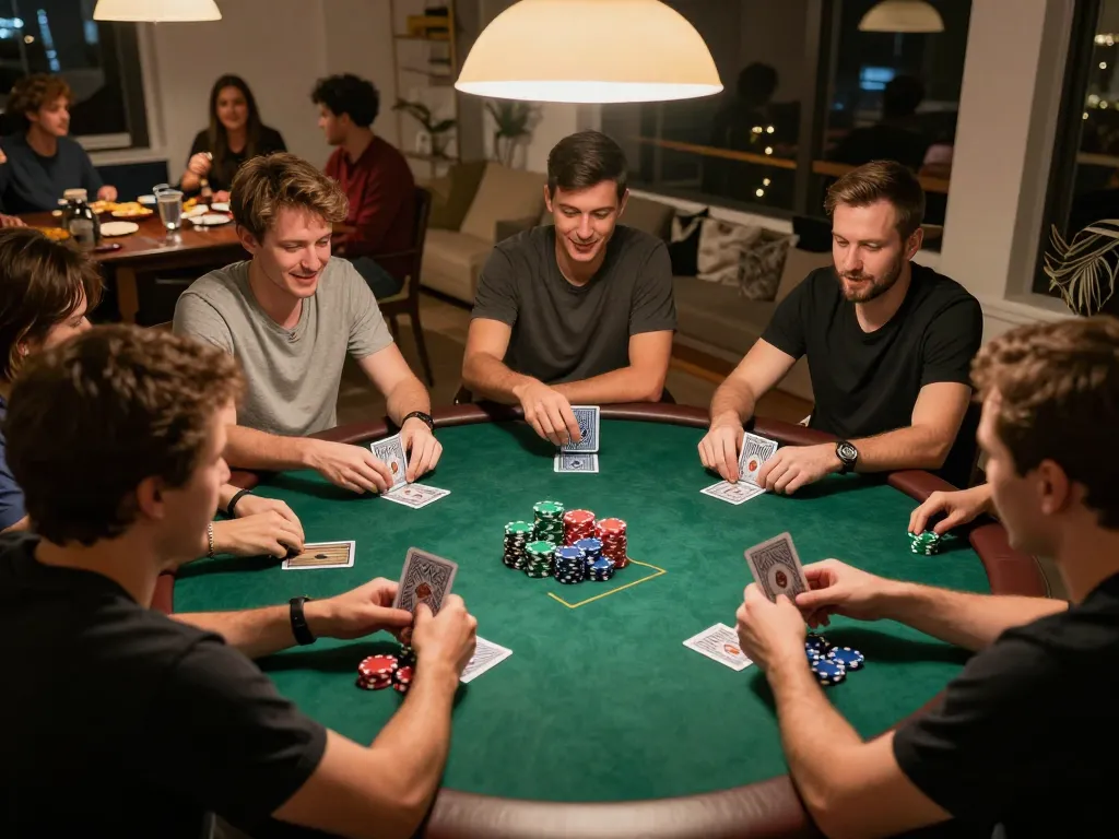 Players enjoying an exciting poker game at home, showcasing ee88go through friendly competition and strategic gameplay.