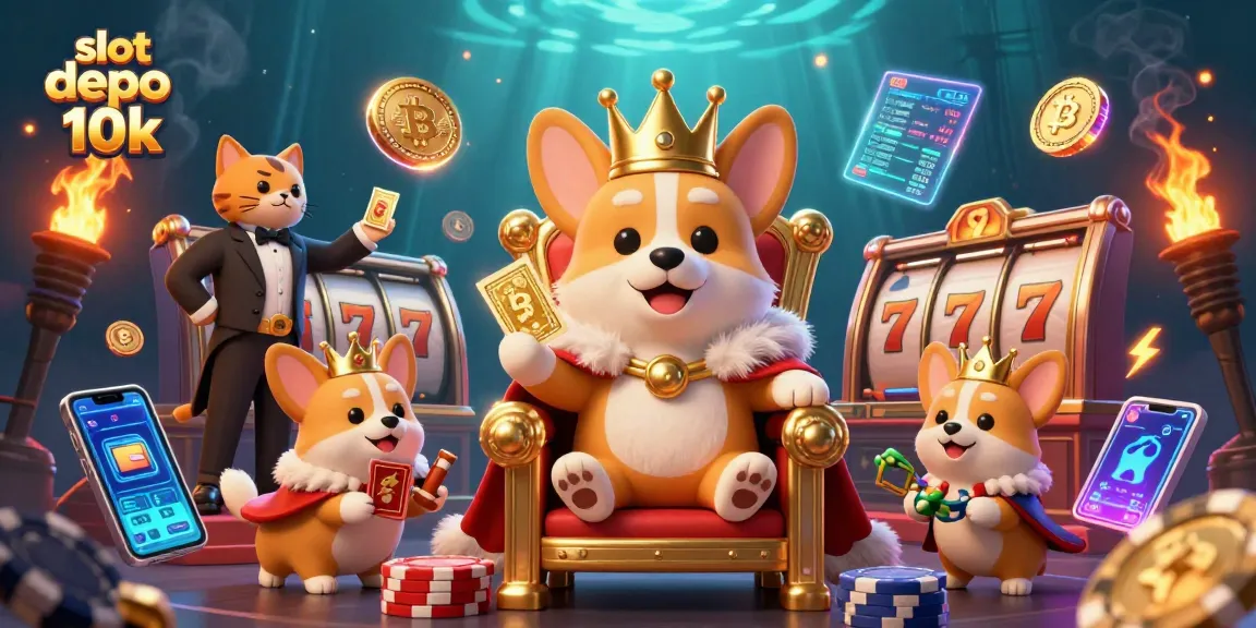 Engage with slot depo 10k for exciting casino fun, featuring a dynamic royal corgi scene with jackpots and crypto coins.