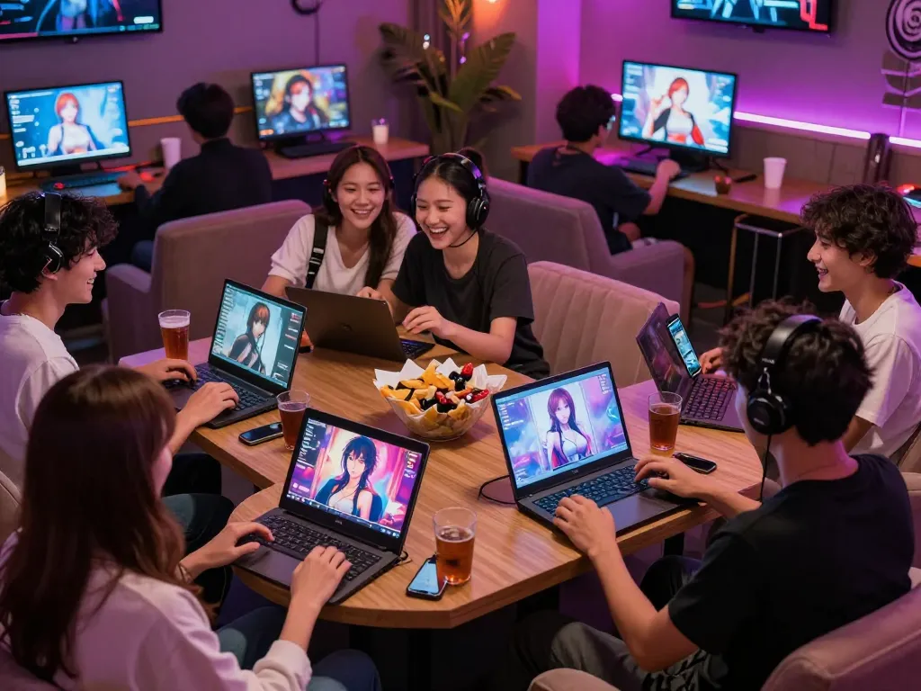 People enjoying xxx games in a stylish gaming lounge with animated visuals.