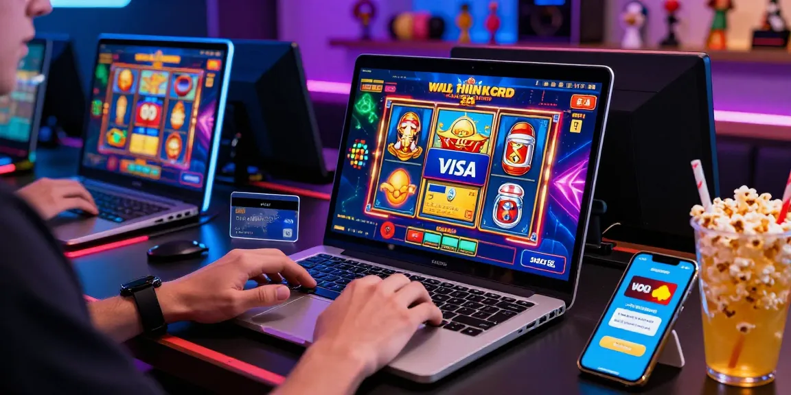 Engaging online casino scene with a player at https://troyuk.co.uk, showcasing Visa and Mastercard options in a vibrant gaming environment.