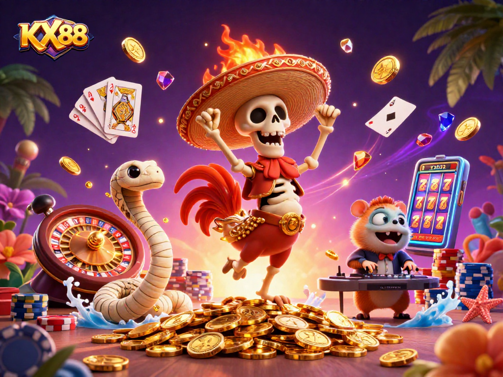 KX88 players celebrating wins in a vibrant casino scene with golden coins and dynamic game elements.