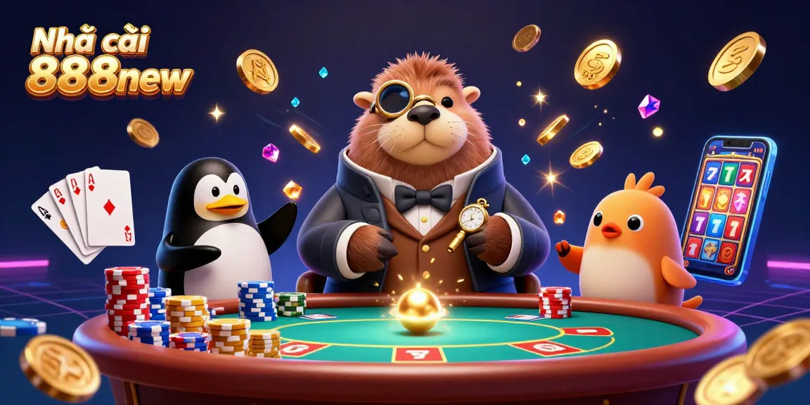 Engage in casino excitement with Nhà cái 888new's colorful poker scene featuring unique digital characters.