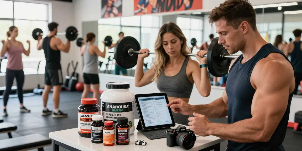 Anabolika Shop products showcased in a dynamic fitness scene with bodybuilders engaging in workouts and supplements.