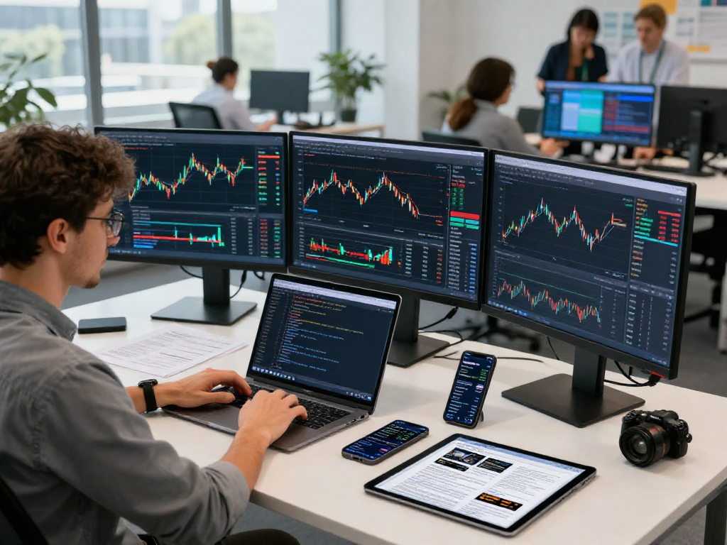 Germany stock real-time API integration in a financial technology workspace with developer analyzing market data.