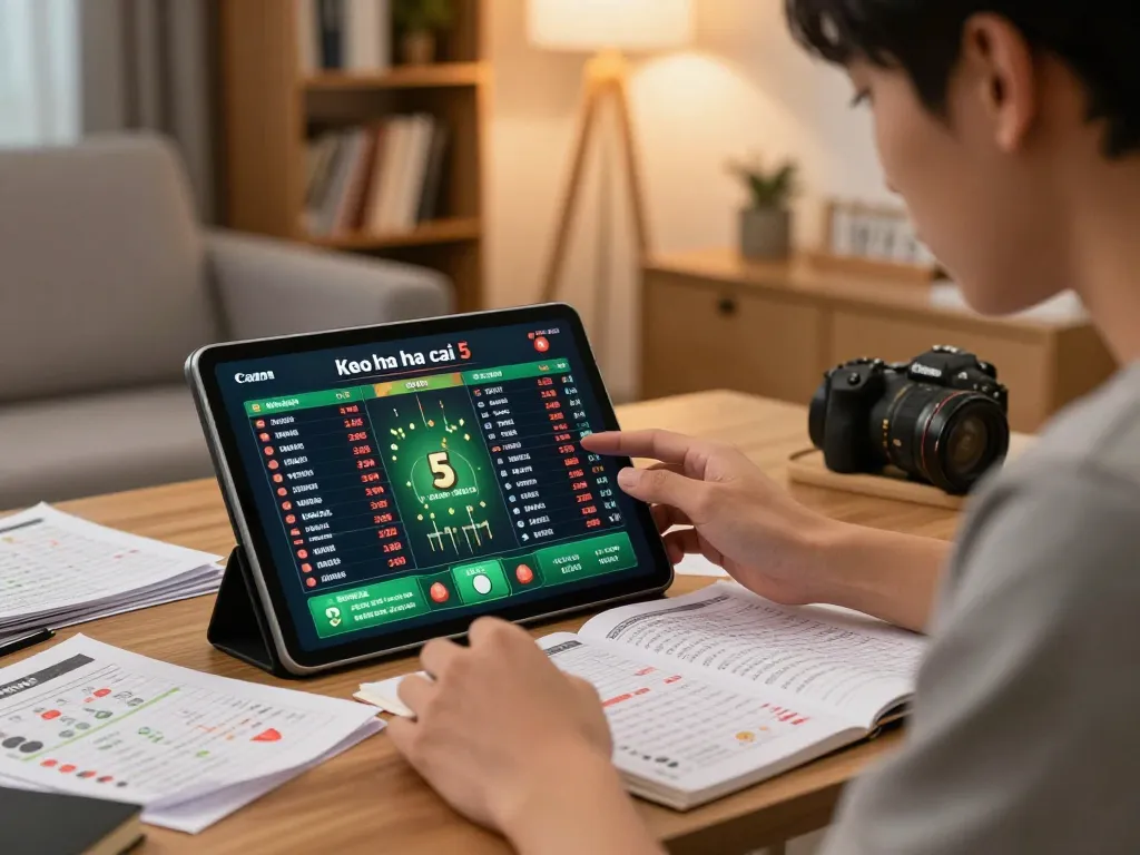 Analyzing betting odds on tablet for keo nha cai 5 in a cozy home setting