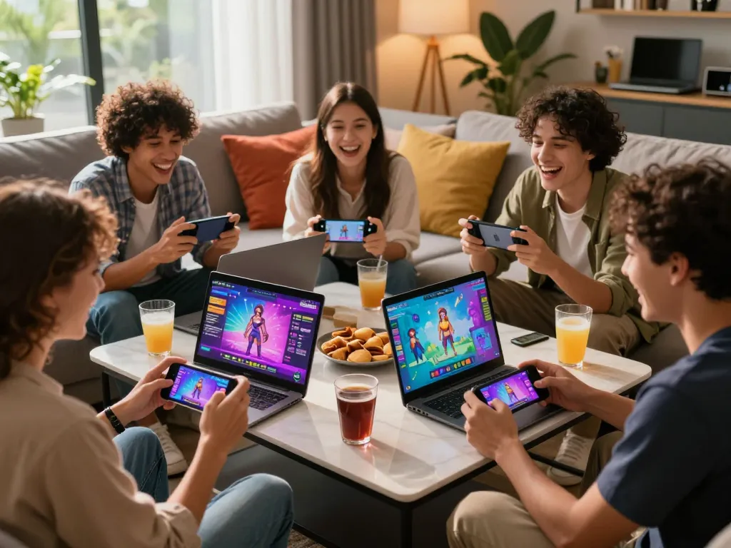 Engaging group playing online porn games in a cozy living room, showcasing vibrant graphics and lively interactions.