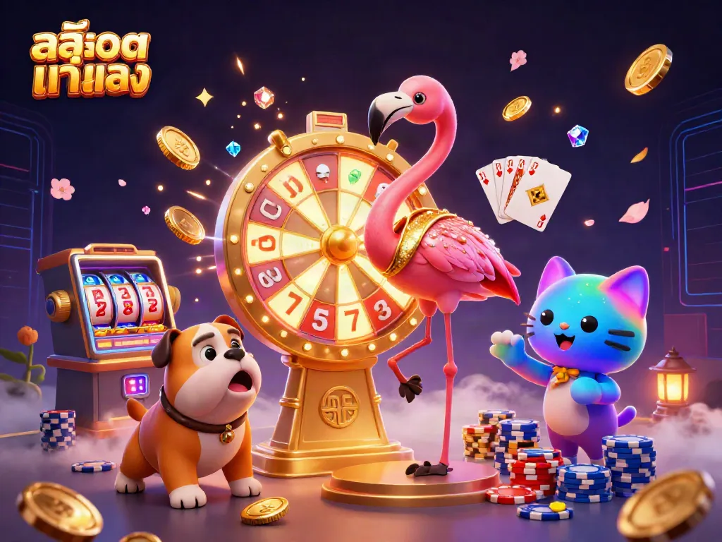 Engage with สล็อตแท้ตรง through this vibrant 3D scene featuring a flamingo game show host, a bulldog contestant, and prizes.