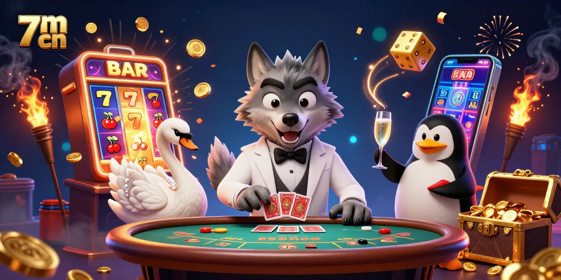 Experience the excitement of 7m cn with lively characters at a vibrant casino scene celebrating wins.