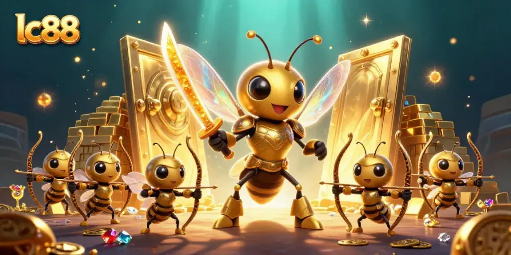Engage in a vibrant lc88 gaming experience with dynamic characters and treasures illuminating the casino realm.