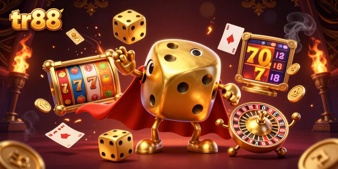 Experience thrill with tr88 in a vibrant casino scene featuring golden dice characters.