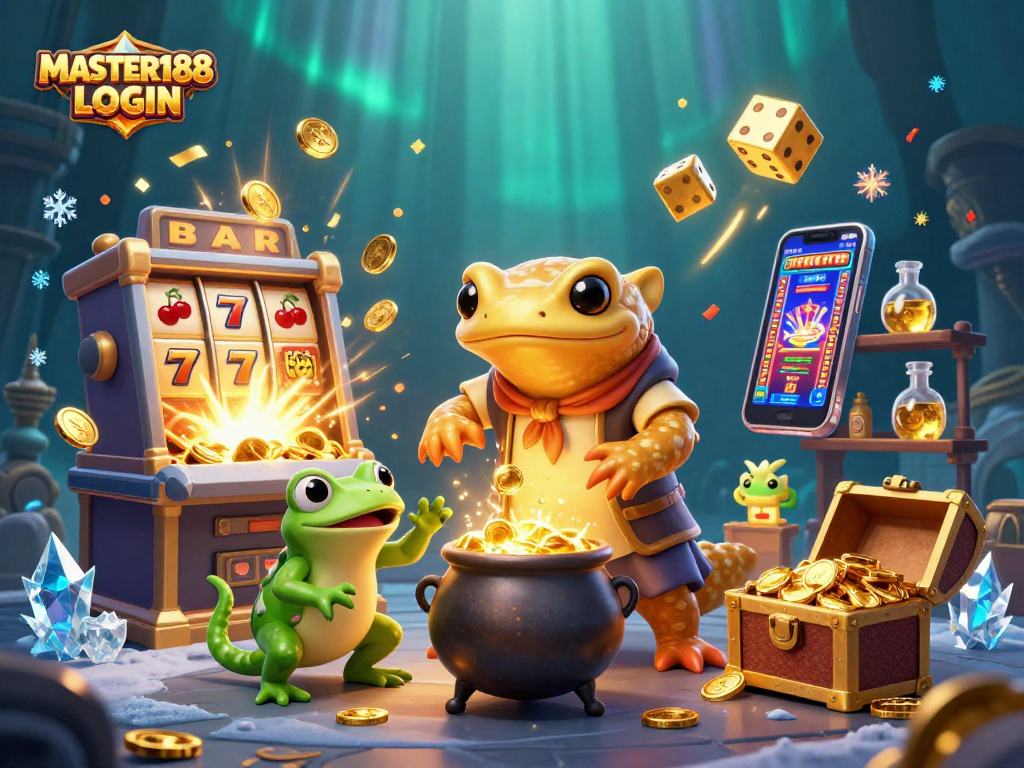 Engage with the thrilling MASTER188 LOGIN experience featuring a vibrant casino scene full of gold and excitement.