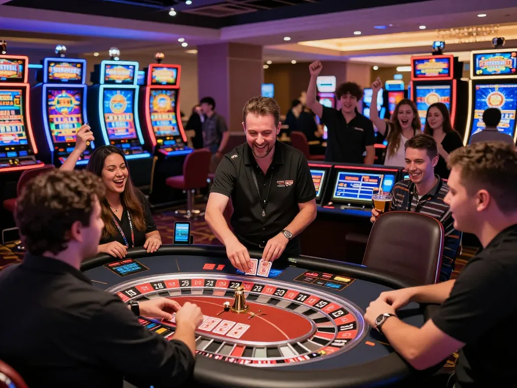 Players enjoying the MM88 online casino experience with vibrant games and a lively atmosphere.