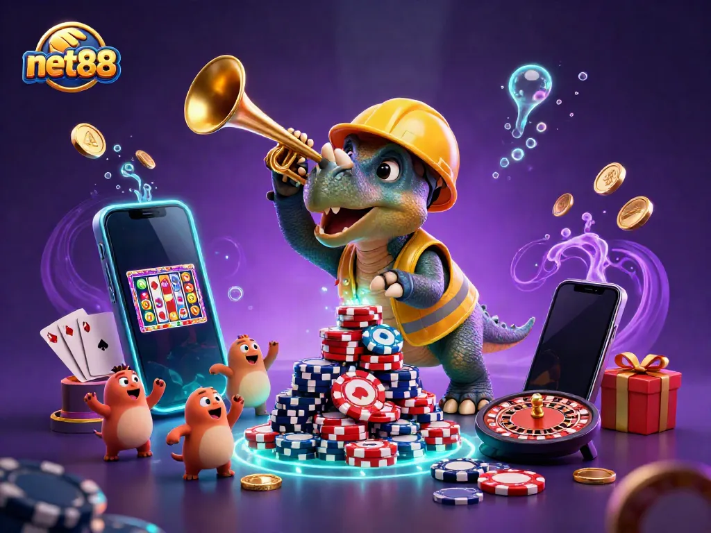 Joyful net88 character scene with a triceratops and a parasaurolophus celebrating casino game success.