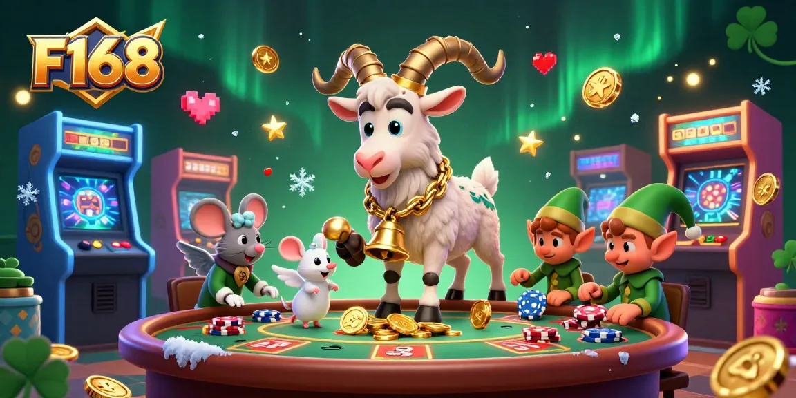 Experience the dynamic thrill of F168 with Krampus and playful characters in a lively casino.