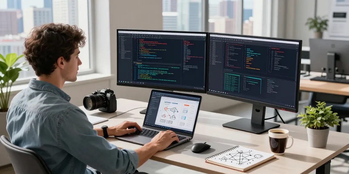 快连 software developer in a bright tech workspace, coding on dual monitors with innovative designs and tools.