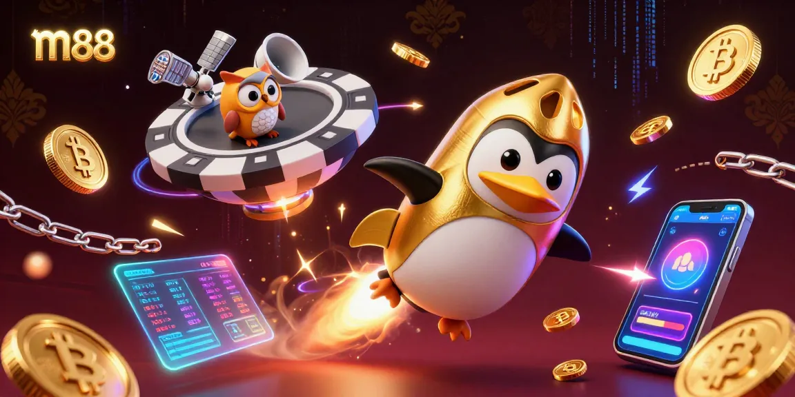 Join the excitement with m88 as a golden penguin navigates to a casino space station, surrounded by neon crypto elements.