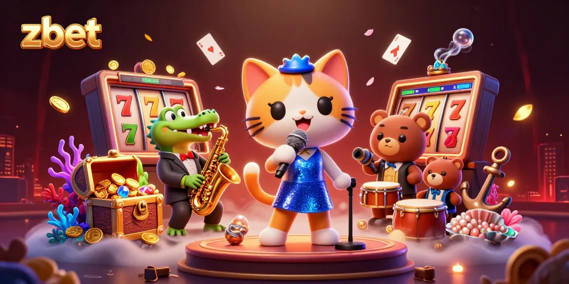 ZBET's vibrant casino scene with cartoon characters celebrating wins among slot reels and treasures.
