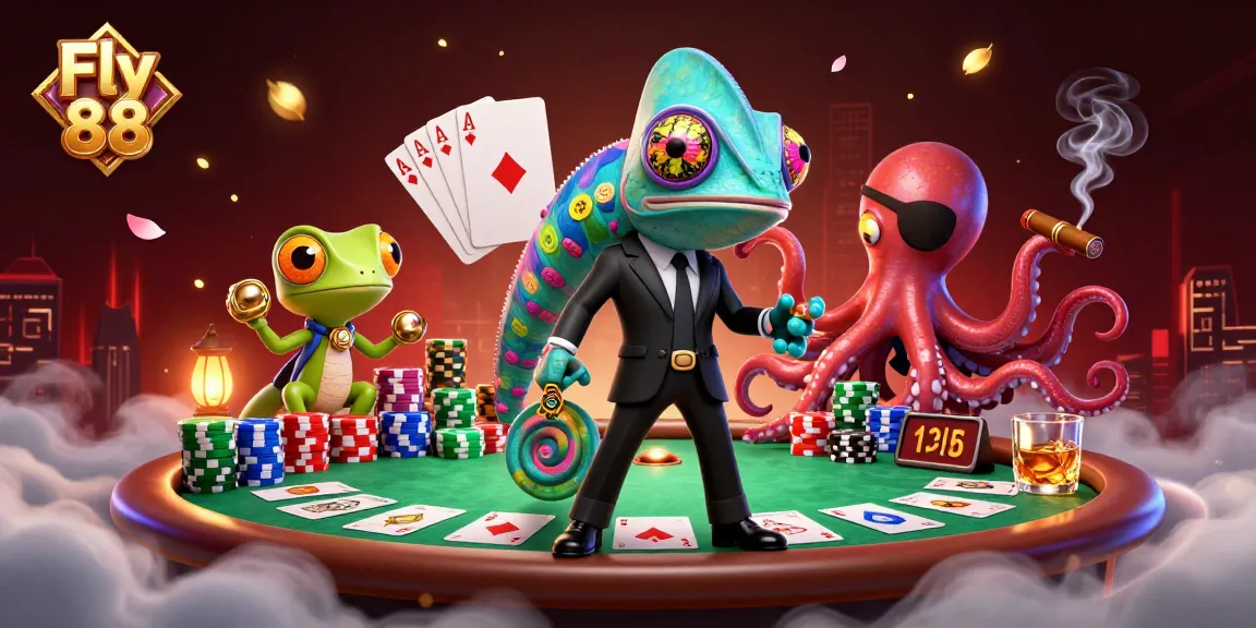 Engage with the dynamic world of Fly 88, featuring a colorful 3D scene with a secret agent chameleon and a tech-savvy gecko at a poker table.