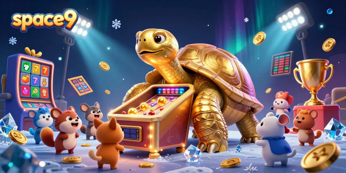 Spin to win at space9 with a golden tortoise-themed pinball machine and vibrant slots!