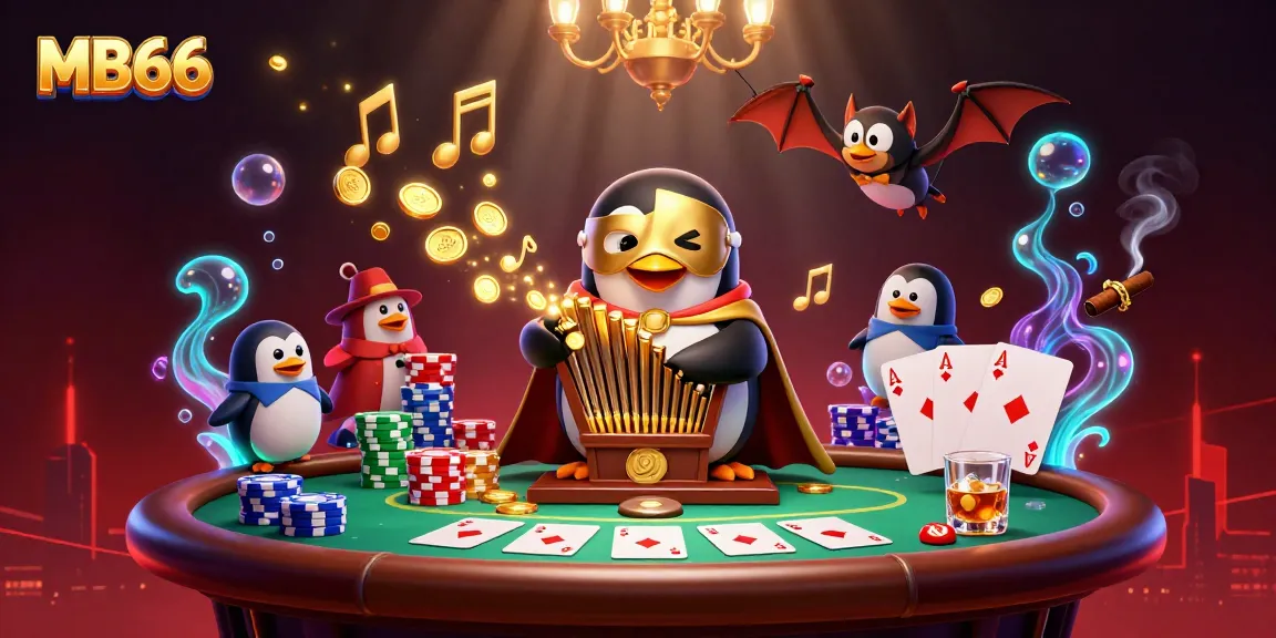 Experience the thrill of MB66 with a lively 3D illustration featuring an enchanting penguin and golden poker elements.