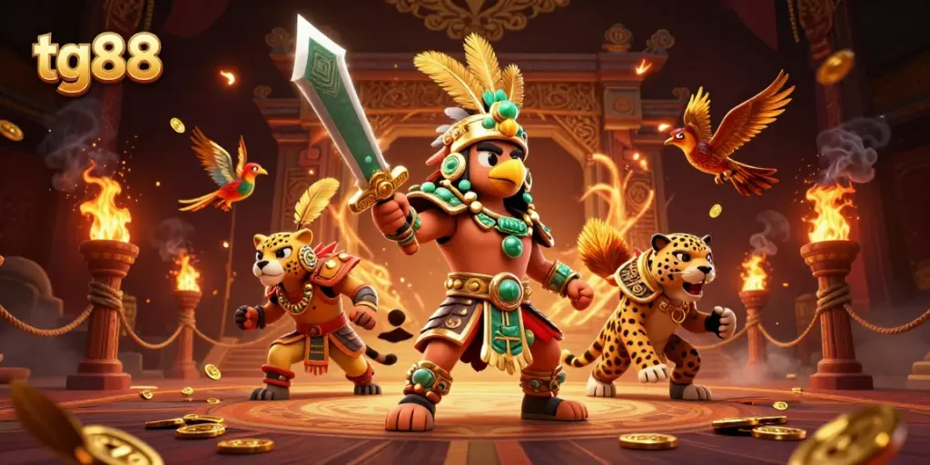 Experience the excitement at tg88 with a vibrant 3D illustration of an Aztec warrior and his jaguar companion amidst a thrilling gambling scene.