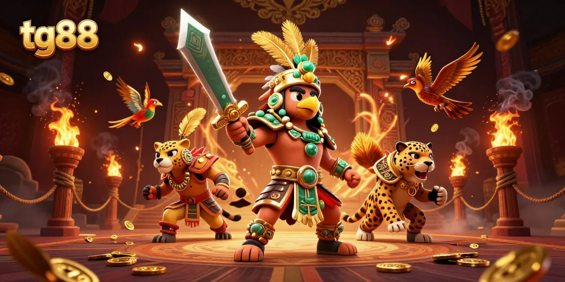 Experience the excitement at tg88 with a vibrant 3D illustration of an Aztec warrior and his jaguar companion amidst a thrilling gambling scene.