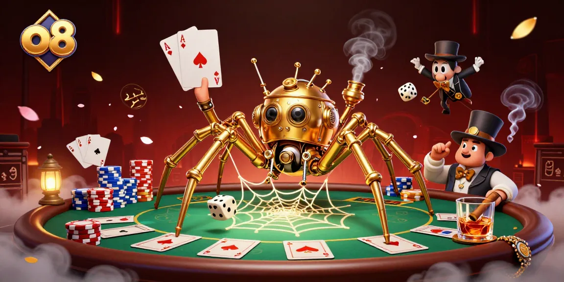 Engage with the vibrant o8 gaming scene featuring a steampunk spider amidst poker chips and dynamic table action.