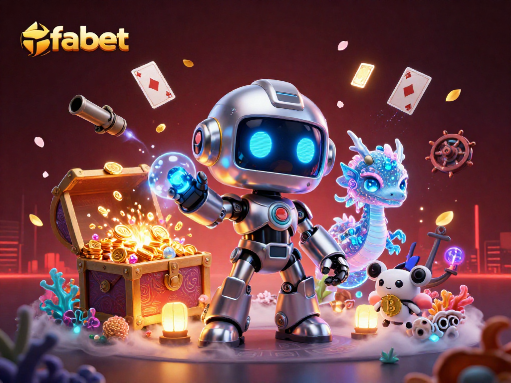 Engage with fabet in a lively 3D casino world filled with gold coins and vibrant gaming elements.