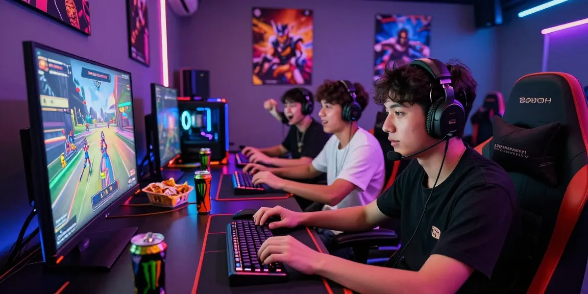 Pemain bersemangat menikmati permainan BOS88 dalam suasana gaming yang cerah dengan layar besar, energi, dan minuman.