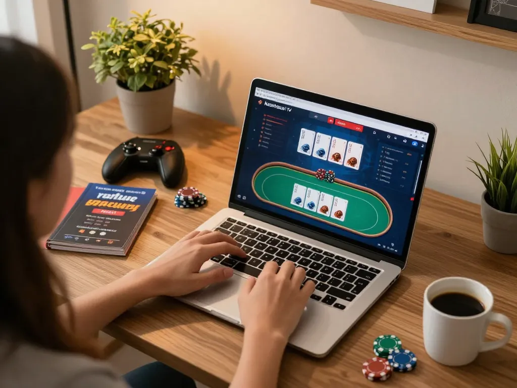Engaging with keonhacai tv while playing poker online in a cozy home setup.