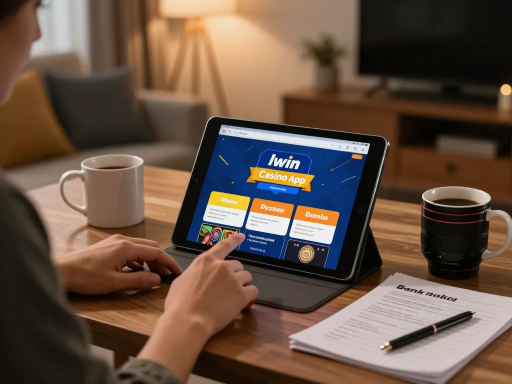 Engaging in online gambling with llwin Download app on tablet, showcasing responsible gaming strategies, cozy atmosphere.
